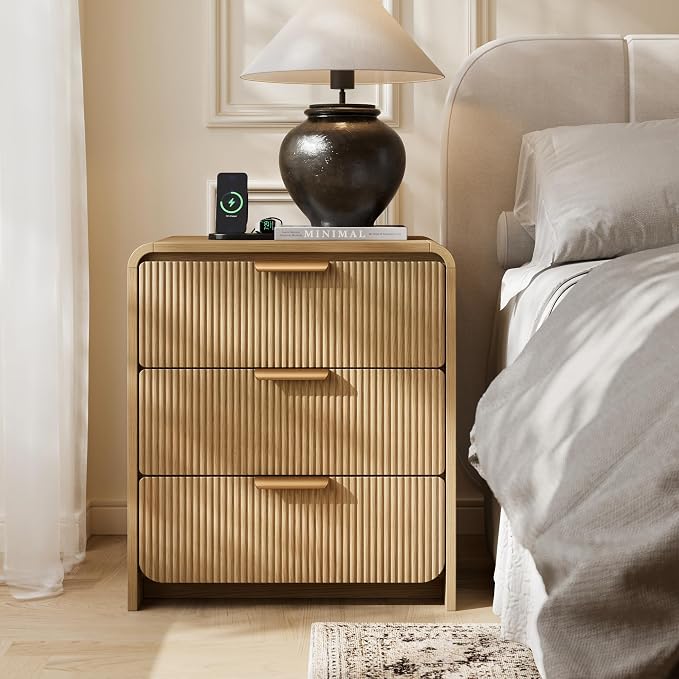 24" 3 Drawers Fluted Nightstand, Natural Oak | 3 Drawers Bedside Table, Metal Handles & Charging Station, Curved Profile End Table for Bedroom