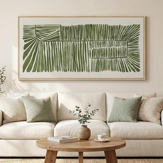 Large Framed Horizontal Green Abstract Botanical Canvas Wall Art, 60x30 In | Modern organic pictures, Minimalist artwork for walls, Wood frame, Canvas prints, Wall decor for living room, Bedroom, Dining
