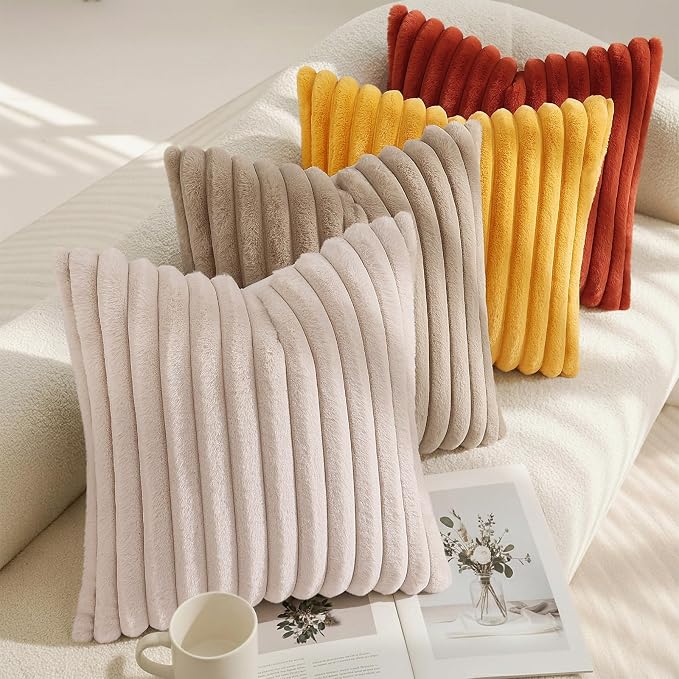 decorUhome Fall Faux Fur Throw Pillow Covers 24x24 Set of 2 Khaki Brown | Decorative Soft Cozy Striped Plush Modern Farmhouse Boho Couch Pillow Cases Velvet Back for Sofa Bed Living Room Home Decor