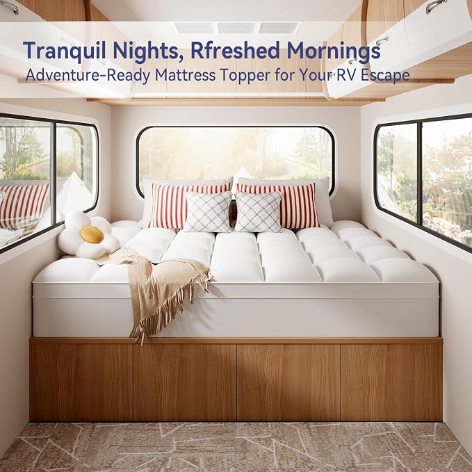 ELEMUSE RV Short King Mattress Topper, Thick Pillow Top Mattress Pad | Plush comfort with overfilled fill. Deep pocket fits RV short king beds, an RV essential for campers, motorhomes and trailers