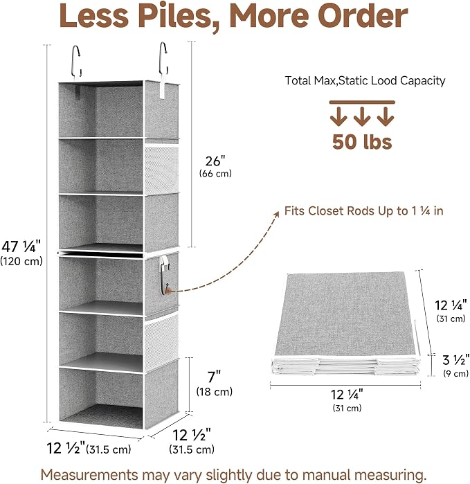 StorageWorks Hanging Closet Organizer, 6-Shelf with 2-in-1 Design, Ivory | Maximize Closet Space with Reinforced Shelves, Small Closet Storage Solution for Bedrooms, Dorms and RVs