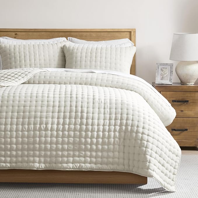 WDCOZY Queen Size Quilts Bedding Sets with 2 Pillow Shams, Ivory Lightweight Soft Bedspread Coverlet, Quilted Blanket Thin Comforter Bed Cover for All Season, 3 Pieces, 90x90 inches
