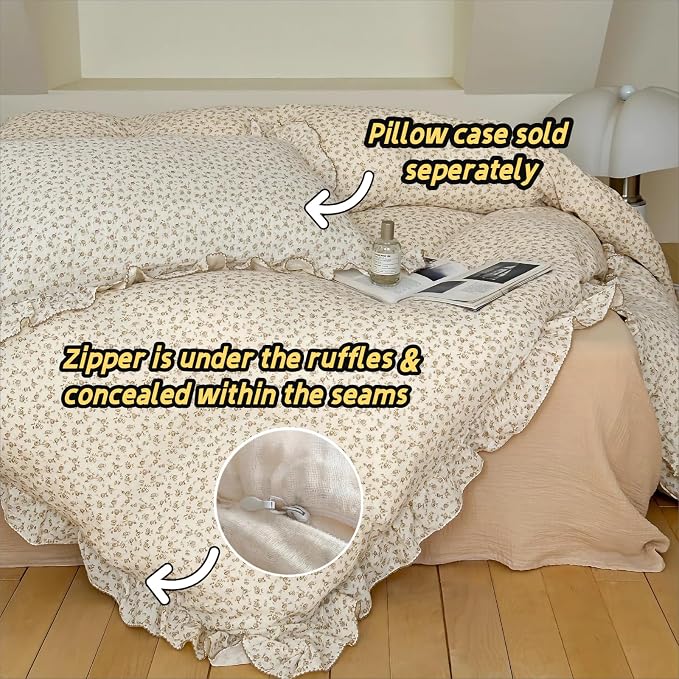 Vintage Floral Design Kids Duvet Cover Twin Cottage Camellia Print Comforter Cover with Ruffles Soft Muslin Cotton Quilt Cover for Girls Boys, Zipper & Corner Ties, No Pillowcase
