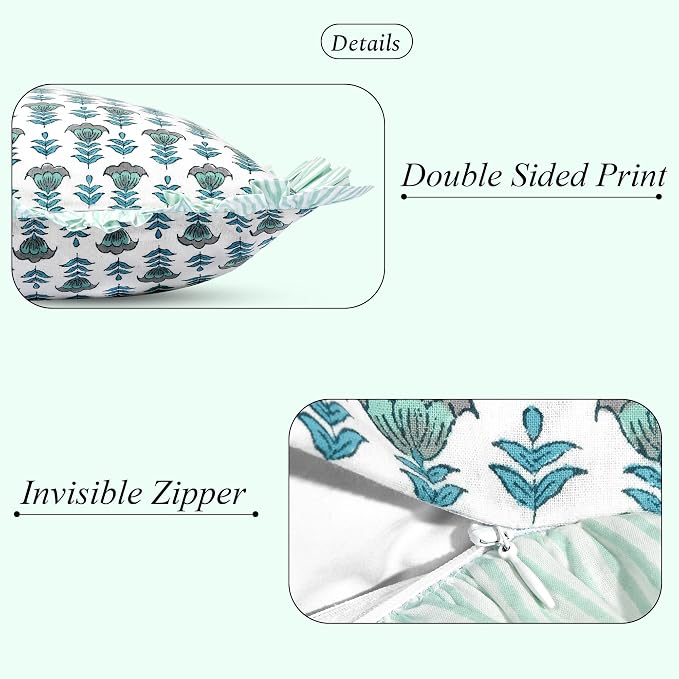 Ridhi Block Print Aquamarine Blue Ruffle Lumbar Pillow Shams, 36" x 14" | 100% cotton, Floral Pillowcase, Cushion Cover, Hidden Zipper, Cottagecore Bedding, farmhouse boho style, fits couch, sofa,Bed