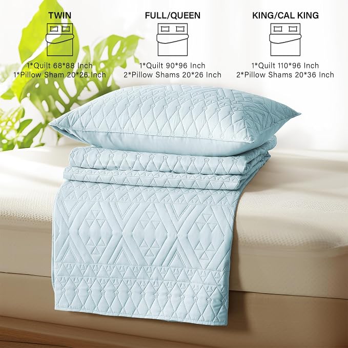 akkialla King/Cal King Size Quilt Bedding Set,Sky Blue Lightweight Microfiber Soft Bedspread,Modern Style Geometric Pattern Coverlet Set for All Seasons,3 Piece(1 Quilt,2 Pillow Shams)