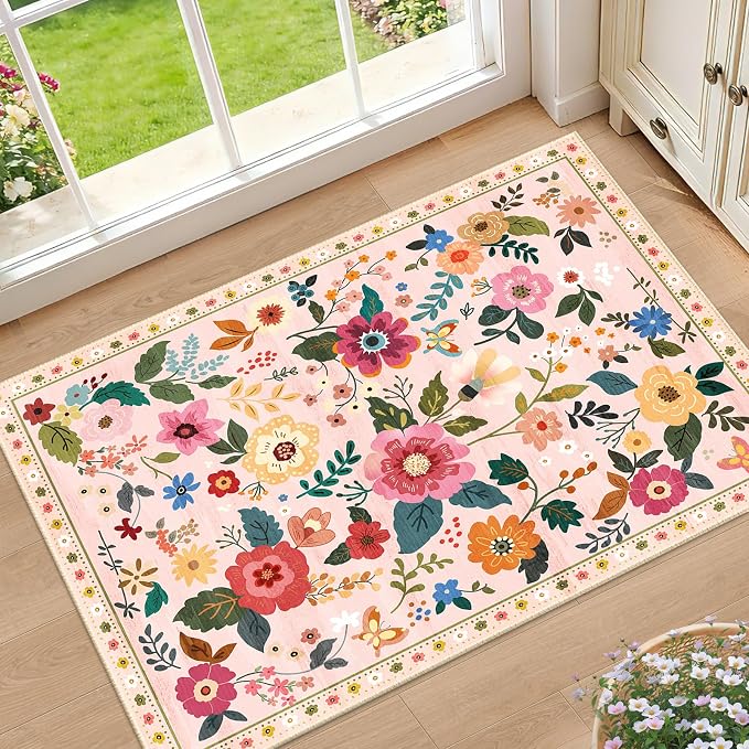 RELEANY Floral Washable 2x3 Area Rugs Doormat Pink | Flower Carpet, Print, Boho, Non-Slip, Easy to Clean, Soft, Low Pile for Living Room Bedroom Kitchen Office Entryway Hallway