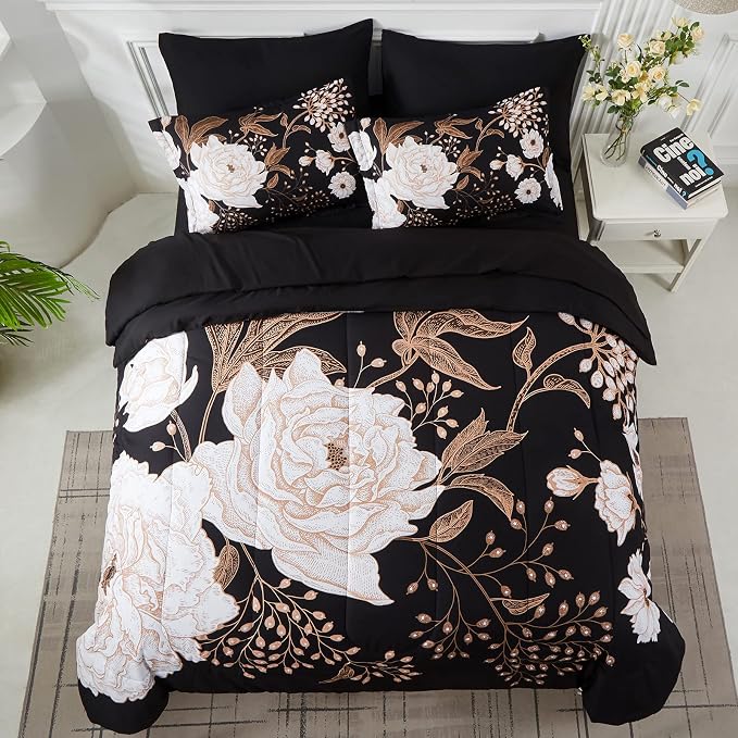 Yogeneg 7 Piece Bed in a Bag Full Size Comforter Set Botanical Floral Bedding Set,White Flower Leaves Printed on Black Reversible Design,Soft Microfiber Comforter with Sheet Set,All Season(Black,Full)