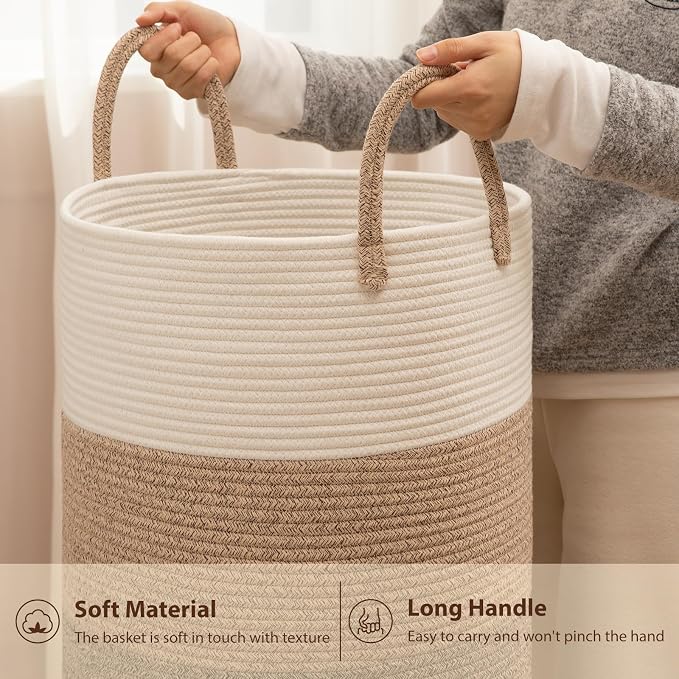 OIAHOMY 60L Nursery Hamper Laundry Basket Laundry Hamper Gradient Brown | collapsible Blanket Basket Cotton Rope Woven Basket Dirty Clothes Hamper Baby Hamper Tall Clothes Hamper with Handles