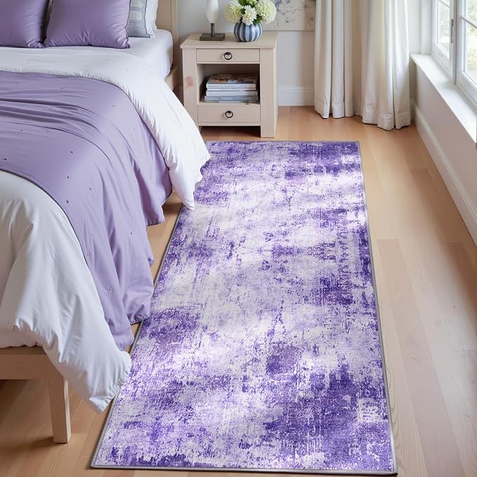 RELEANY Washable Runner 2'x8' Abstract Area Rug for Hallway Purple | Carpet for Kitchen, Entryway, Bathroom, Living Room, Bedroom, Printed Pattern, Non‑Slip, Soft, Stain‑Resistant, Easy to Clean
