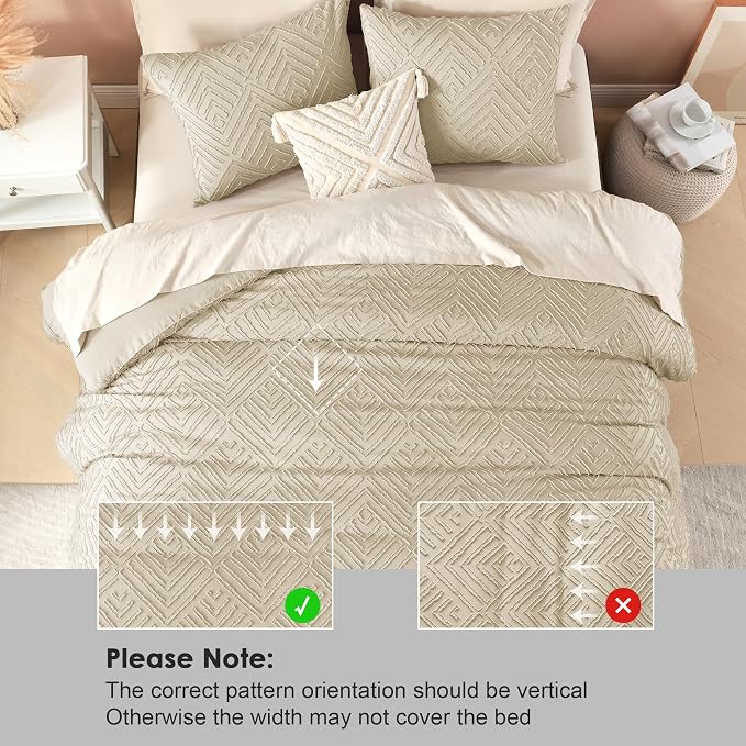 Litanika King Size Comforter Set, 3 Pieces Khaki Tufted Boho Bedding Set | Farmhouse Shabby Chic Vintage Bohemian Textured Aesthetic Soft Fluffy Lightweight Breathable All Season Bed Set for King Bed