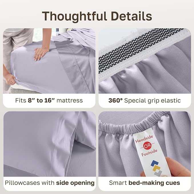 California Design Den 1000 Thread Count Deep Pocket King Sheet Set, 4 Pcs | Backed by Good Housekeeping Seal - 100% Cotton Sateen - Soft, Thick & Heavy, 16" Deep Pocket, Durable - Lavender Grey