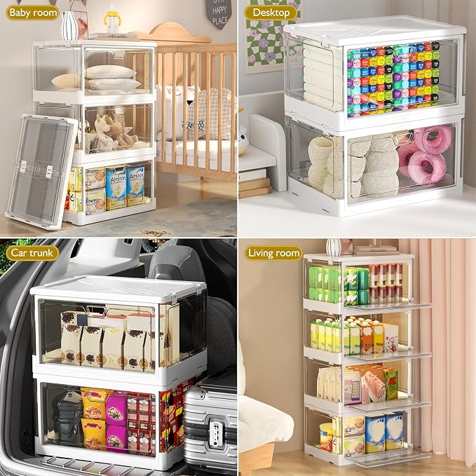 Kmiectse Clear Storage Bins with Lids 3 Pack 【Stackable & Sturdy】 | Plastic Multifunctional Folding Storage Bins for Bedroom, Living Room, Study,Room, 23 QT Folding Box with Magnetic Door