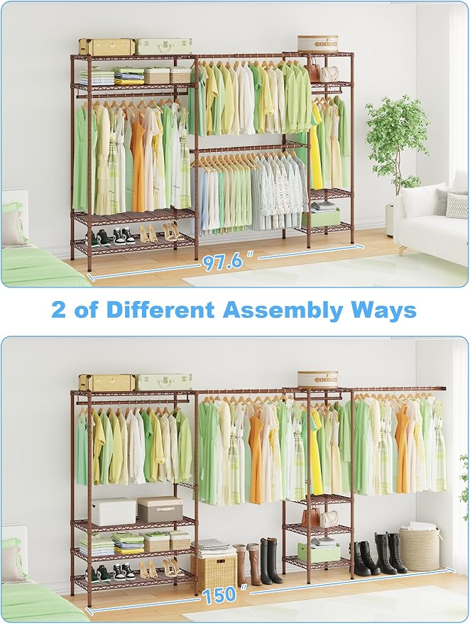 Ulif E11 Heavy-Duty Closet Garment Rack, Metal Clothes Rack, Load 1034lbs | Bronze Freestanding Expandable Clothing Storage Organizer System for Hanging Clothes, (73.2-97.6)"W x 14.5"D x 71.2"H