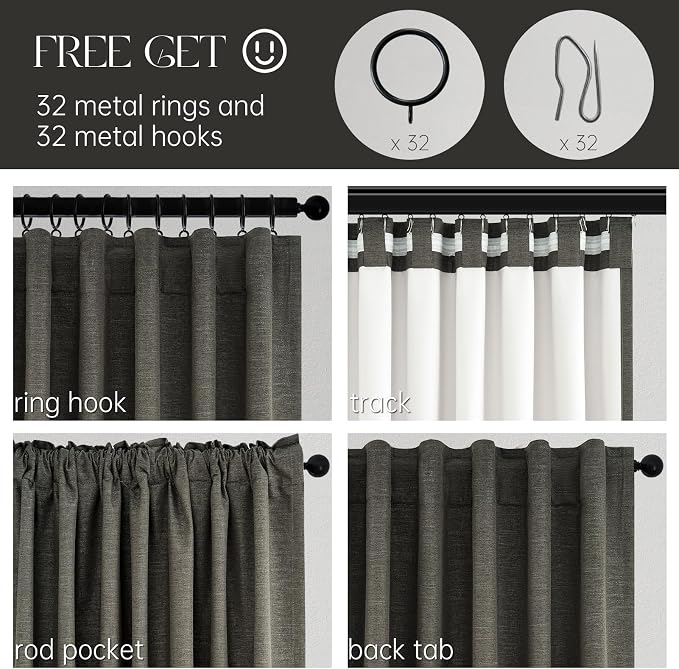 Grey Linen Black Out Curtains 96 Inches Long 2 Panels Set for Sliding Glass Doors Modern Cottage Room Darkening Pleat Dark Gray Aesthetic Drapes Soundproof Privacy 8 FT Window Curtain for Office Burg