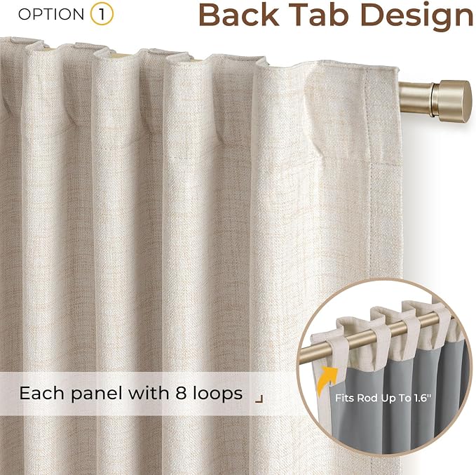 INOVADAY 100% Blackout Linen Curtains for Bedroom 42x102 Inches Cream | Linen Textured, Light Blocking, Room Darkening, Thermal Insulated, Back Tab Top, Window Curtains for Living Room, 4 Panels