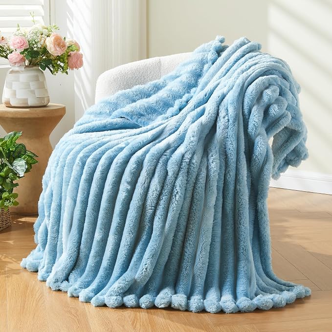 NEWCOSPLAY Fleece Ribbed Cozy Twin Blanket for Couch, Blue, 60"x80" | Premium Silky Flannel Blanket, Soft Lightweight Fluffy Throw Blanket for Bed Sofa Decor, Gift for All Season Use