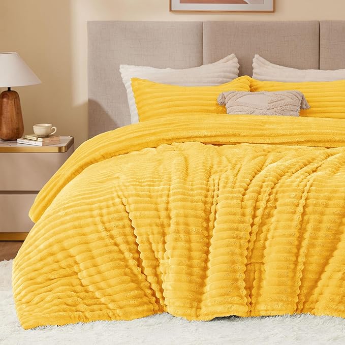 BEDELITE Fleece Twin/Twin XL Comforter Set, Fluffy Bed Set, Bright Yellow | Super Soft & Warm Bedding, Luxury Fuzzy Faux Fur Comforter for Winter, Heavy Plush Bedding, with 1 Pillowcase
