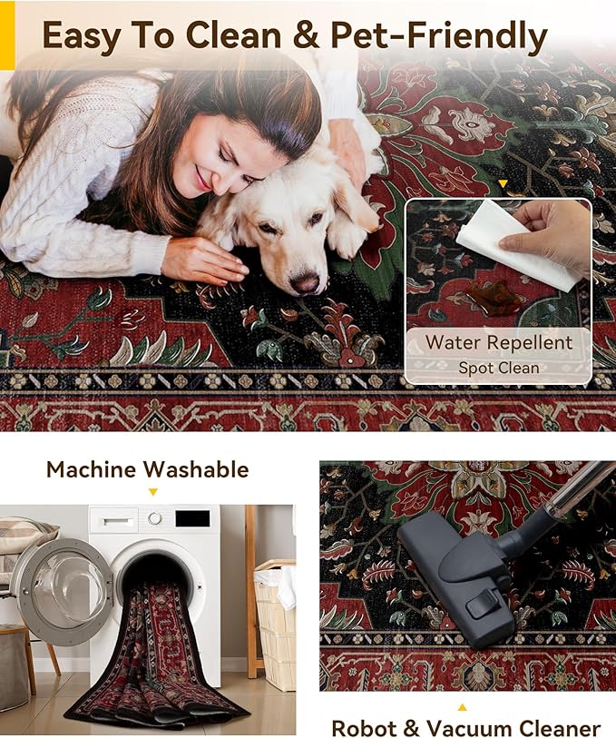 RELEANY Washable Area Rug, Small 2'x3', Red/Black | Non-Slip, Water Repellent, Pet Friendly, Easy to Clean, Vintage Floral Boho Decor for Kitchen Entryway Bathroom