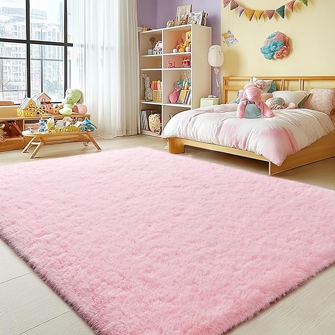 Modern Soft Fluffy Small Shaggy Rug for Bedroom Livingroom Dorm Kids Room Indoor Home Decorative, Non-Slip Plush Furry Fur Area Rugs Comfy Nursery Accent Floor Carpet 5X7 Feet,Pink