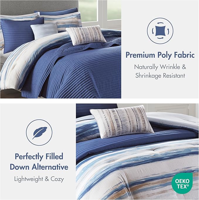 Madison Park Marina Comforter Quilt Combo Set - Modern Luxury Design, All Season Down Alternative Bedding, Matching Shams, Decorative Pillows, Full/Queen(90"x90"), Seersucker Blue 8 Piece | All Season Down Alternative Bedding Set with Comforter, Shams,...