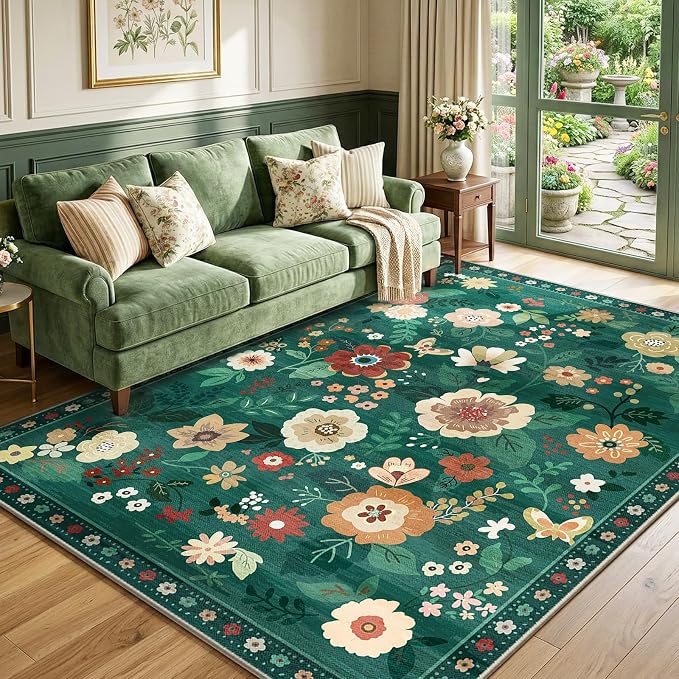 RELEANY Floral Washable 6x9 Area Rugs DarkGreen | Flower Carpet, Print, Boho, Non-Slip, Easy to Clean, Soft, Low Pile for Living Room Bedroom Kitchen Office Entryway Hallway