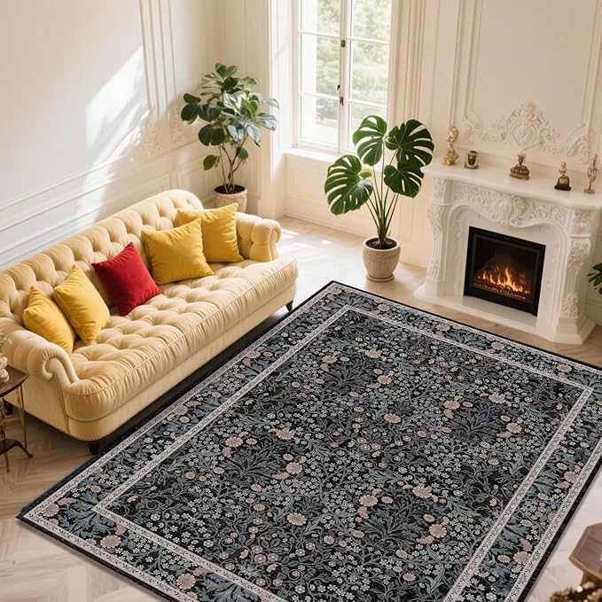 Vintage Black Living Room Rug, 9x12 Washable Area Rugs for Dining Room Under Table, Soft Low Pile Large Carpet Bedroom, Non-Slip Boho Floral (9 x 12 Black)
