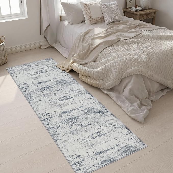 2.6x8 Washable Runner Rug：Modern Abstract Soft Carpet Blue Grey | For Hallway, Bedroom, Kitchen, Laundry, Bathroom,Door Mat,Modern Abstract,Machine washable,Non-Slip,Stain Resistant,Indoor