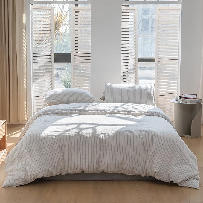 Simple&Opulence 100% Linen Striped Duvet Cover Queen 3pcs, Yarn Dyed Vertical Pinstripe Ticking Pattern Natural French Washed Flax Breathable Farmhouse Bedding - Grey Stripe