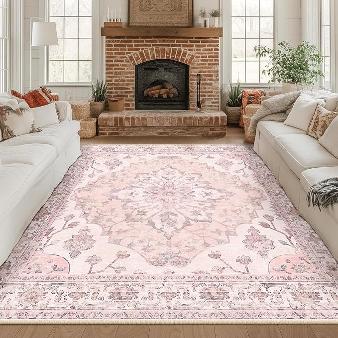 RELEANY Washable Area Rug, Square 8'x8', Pink | Non-Slip, Water Repellent, Pet Friendly, Easy to Clean, Vintage Floral Boho Decor for Living Room Bedroom Dining Room Office