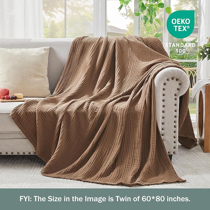 EMME Muslin Blankets for Adults Throw Blanket for Couch Breathable Gauze Soft Lightweight Airy Brown Queen 90" x 90"