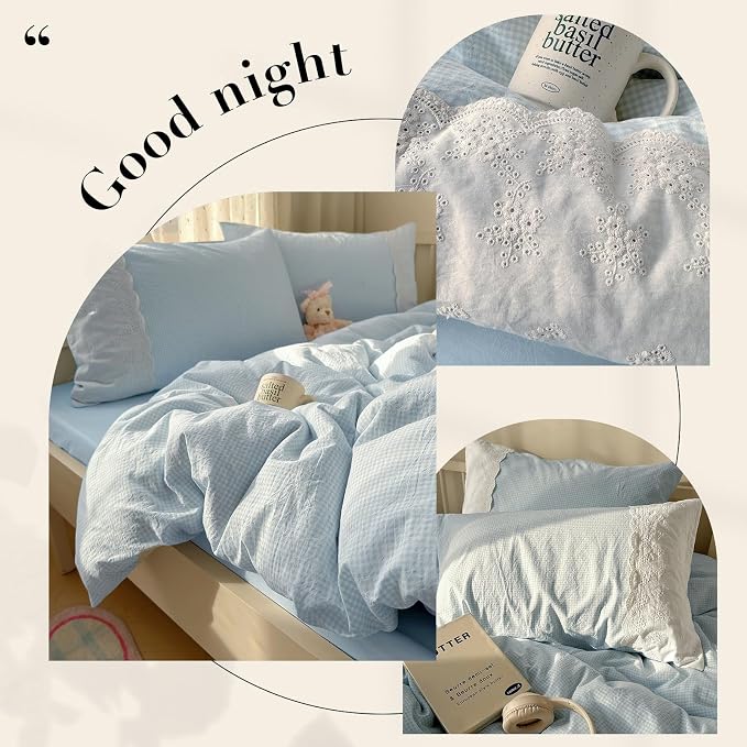 mixinni Blue Gingham Duvet Cover King Size - 3 Piece Cottagecore Plaid Bedding Set with Lace Trim, Soft Washed Microfiber Vintage Aesthetic Grid Comforter Cover & Pillow Shams, (Blue White Gingham)