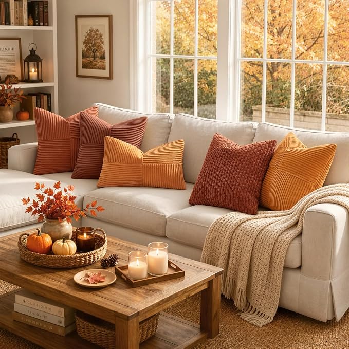 MIULEE Fall Burnt Decorative Throw Pillow Covers for Couch 18x18 Inch | 2 Pack, Boho Farmhouse Pillow Covers, Soft Cross Corduroy Patchwork Textured Cushion Cases For Bed Sofa