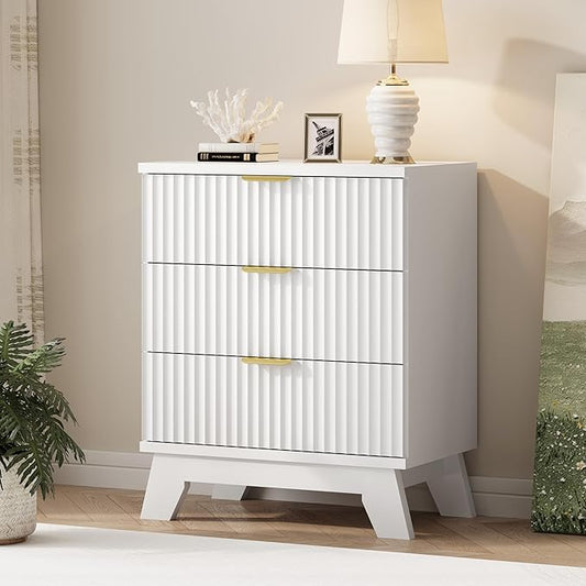 Fluted Dresser for Bedroom with 3 Drawers, 24" Wide Modern Chest of Drawers with Metal Handle, Wooden Dresser TV Stand, Wood Closet Clothes Storage Drawer Organizer for Living Room, Hallway, White