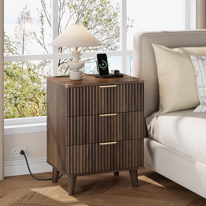 Wood Nightstands Set of 2 w/Charging Station, 3 Drawers Fluted Dresser | Walnut, Large Drawers, Metal Silent Rails, FSC Wooden, Sturdy Legs, Modern Fluted Panel, Living Room, Bedside Table