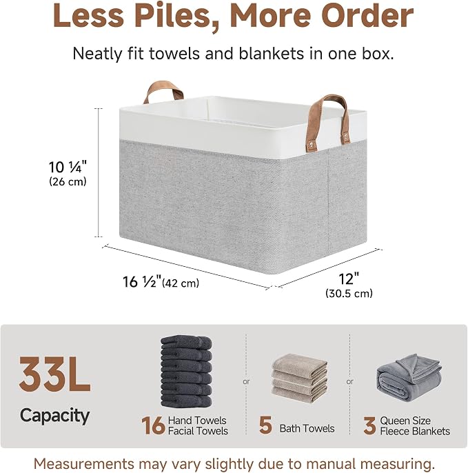 StorageWorks Fabric Storage Bin, Closet Bins, Gray and White, Large, 2-Pack | With Reinforced PU Handles, Metal Frame, Collapsible, Storage Basket for Shelves, Closet, Holds Clothes, Towels, Blankets