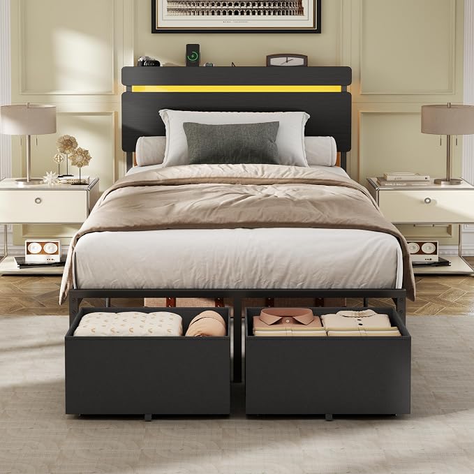 Forestell Twin Bed Frame with Wood Headboard,2 Storage Drawers & Shelf | Built-in Charging Station & LED Lights, Metal Support, No Box Spring Needed, noise-free, easy assembly, Smart RGB, USB+Type-C