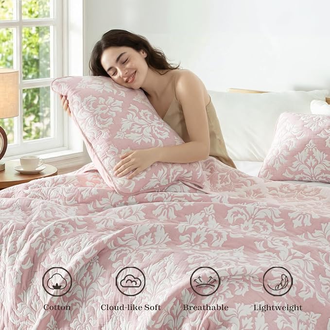 Exclusivo Mezcla Cotton Quilts Queen Size Pink | Soft Lightweight Bedspread, Breathable Prewashed Yarn Dyed Muslin, All Season Bedding Set, Boho Coverlet With 2 Pillow Shams