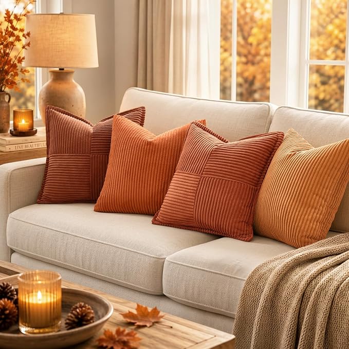 MIULEE Rust Fall Corduroy Decorative Euro Sham Pillow Covers 24x24 Inch with Splicing Set of 2 Soft Boho Pillow Covers Broadside Textured Summer Pillowcases for Couch Bed Livingroom