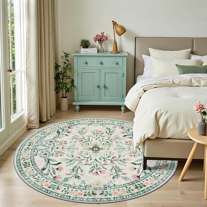 PLHXFR Round Area Rug Living Room: 6 ft Floral Washable Carpet Green Beige | For Bedroom Dining Room Farmhouse Nursery Hallway,Vintage Floral,Machine washable,Non Slip,Stain Resistant,Large Indoor