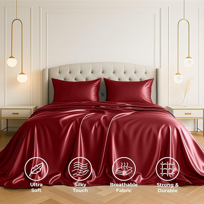 Satin Sheets Queen [4-Piece, Burgundy] Hotel Luxury Silky Bed Sheets - Extra Soft 1800 Microfiber Sheet Set, Wrinkle, Fade, Stain Resistant - Deep Pocket Fitted Sheet, Flat Sheet, Pillow Cases