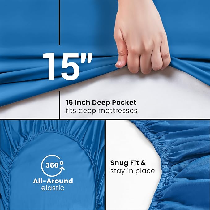 Queen Fitted Sheet, Ultra Soft Fits Up to 16 Inch Deep Pocket, Dusk Blue | Hotel Comfort, Cooling & Breathable Cotton like Polyester, Easy Fit, Wrinkle & Fade Resistant, Snug Fit, Easy Care, Oeko-Tex