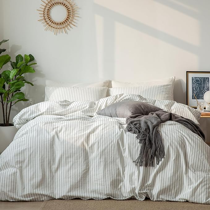 MooMee Striped Duvet Cover Set 100% Washed Cotton Linen Like Full | Relaxed Linen-like Texture. Soft, Breathable & Long-lasting Comfort. Lightweight. Hidden Zipper with 8 Interior Corner Ties