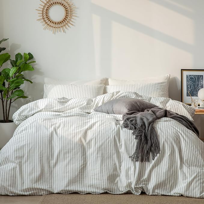 MooMee Striped Duvet Cover Set 100% Washed Cotton Linen Like King | Relaxed Linen-like Texture. Soft, Breathable & Long-lasting Comfort. Lightweight. Hidden Zipper with 8 Interior Corner Ties