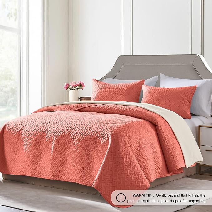 FLYMME Quilts Queen Size,Lightweight Coral Bedspreads,Basket Weave Pattern,Ultra Soft Microfiber Bed Coverlet 3 Pieces for All-Seasons (1 Quilt,2 Shams)