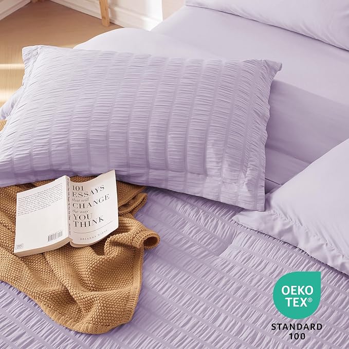 5 Pieces Twin XL Comforter Set, Seersucker Bed in a Bag Twin XL Size, All Season Luxury Bedding Set with Comforter, Flat Sheet, Fitted Sheet, Pillowcase & Sham, Lavender