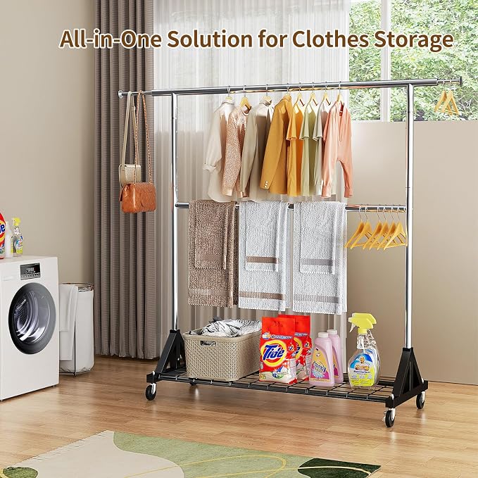 Luxspire Heavy Duty Clothes Rack Load 600 LBS, Double Rod Clothing Rack, Rolling Garment Racks with Lockable Wheels, Shelves, Adjustable Laundry Hanging Racks for Clothes