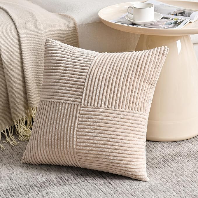 Fancy Homi 2 Packs Tan Samll Decorative Throw Pillow Covers 14x14 Inch with for Couch Bed Sofa, Rustic Farmhouse Boho Home Decor, Soft Corss Patchwork Corduroy Square Beige Cushion Case 35x35 cm