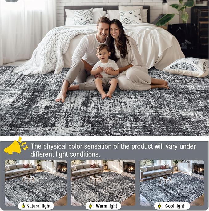 PLHXFR Area Rug Living Room: 5x7 Abstract Washable Carpet Dark Black | For Bedroom Dining Room Farmhouse Nursery Home,Machine washable,Non Slip,Large Soft Neutral,Stain Resistant, Indoor Floor