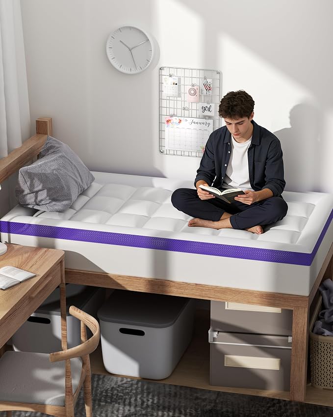 Dorm Room Essentials Dual Layer 4 Inch Memory Foam Mattress Topper Twin XL | 2 Inch Gel Memory Foam and 2 Inch Pillow Top Mattress Pad for Back to School , 7-Zone Egg Crate & 2-in-1 Design (White)