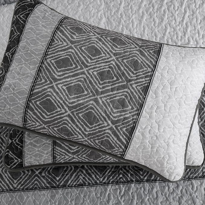 Cottolester Boho Quilt Set Queen Size 3 Pieces,Grey Striped Plaid Bedspread,Soft Microfiber Bedding Set with 2 Pillow Shams 96"x90" | Summer Lightweight Coverlets Set for Men Women,Soft Microfiber Patchwork Quilt Bedding Sets for All Seasons 96"x90"